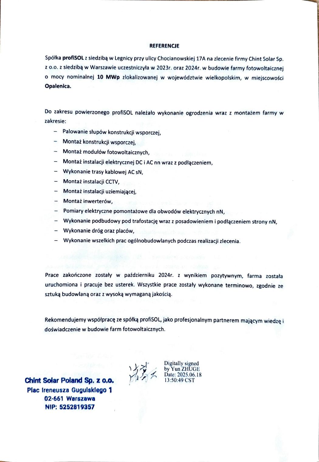 List referencyjny Chint Solar — Opalenica 10 MWp