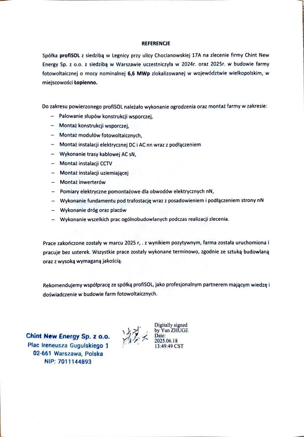 List referencyjny Chint New Energy — Łopienno 6,6 MWp